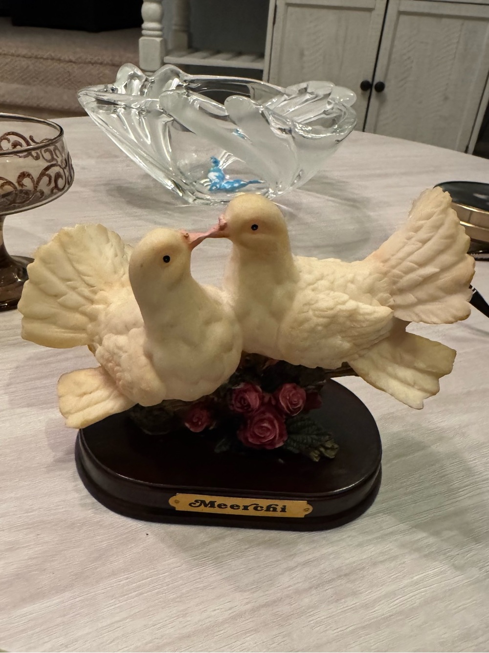 Vintage Meerchi kissing Pair of Ivory Dove Figurines on Wood Base